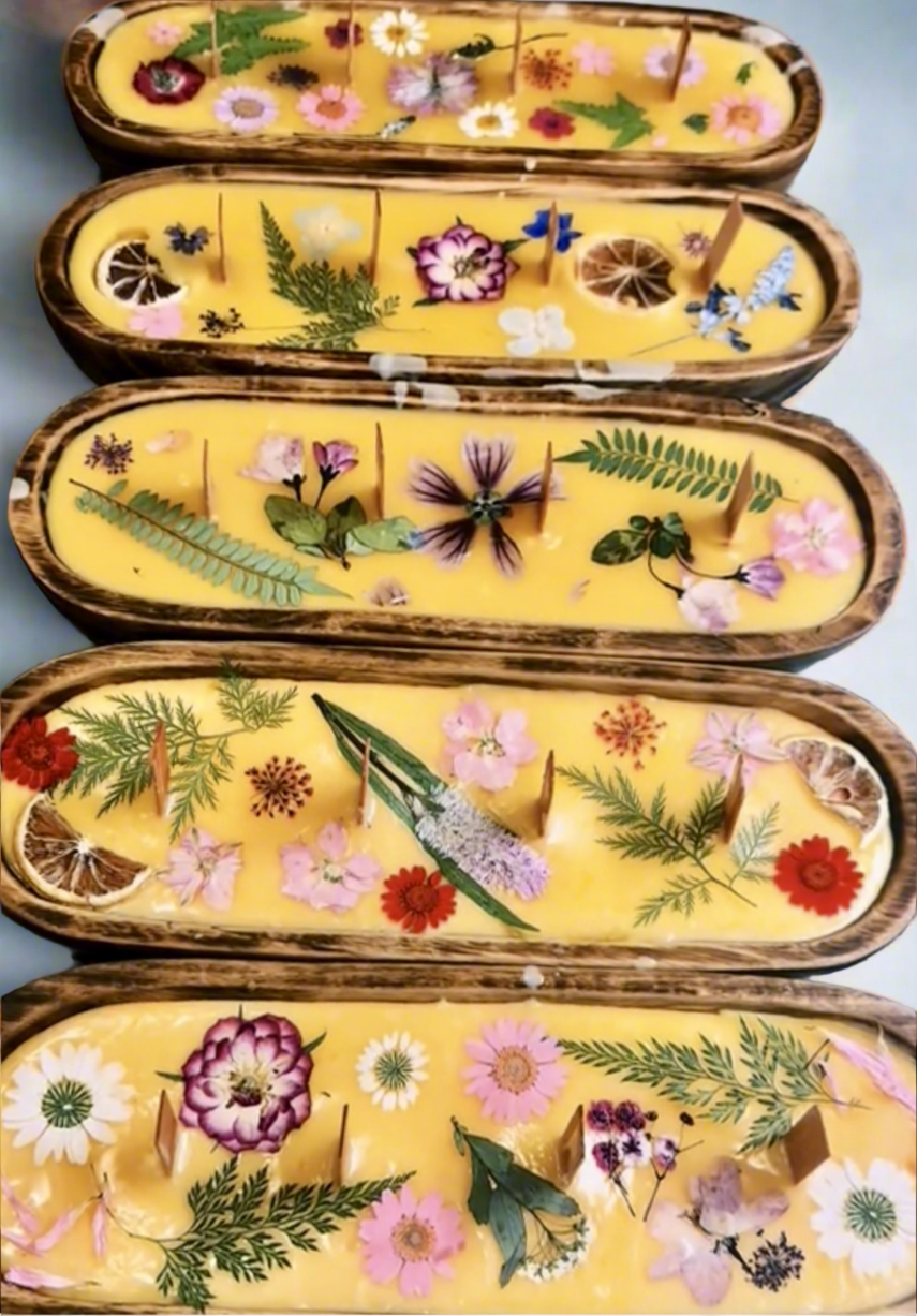 XO Doughbowl Beeswax Candle 11” oblong bowl CUSTOM SCENT & Floral Top Design